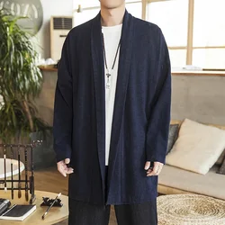 2024 Kimono Cardigan Men Linen Trench Coat Outerwear Loose Chinese Style Long Coat Mens Vintage Windbreaker Casual Jacket