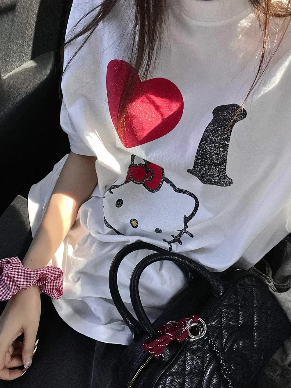 

Летние семейные футболки 2026 года: 100% хлопок, принт «Я люблю Hello Kitty», оверсайз, унисекс, повседневные, для взрослых и детей