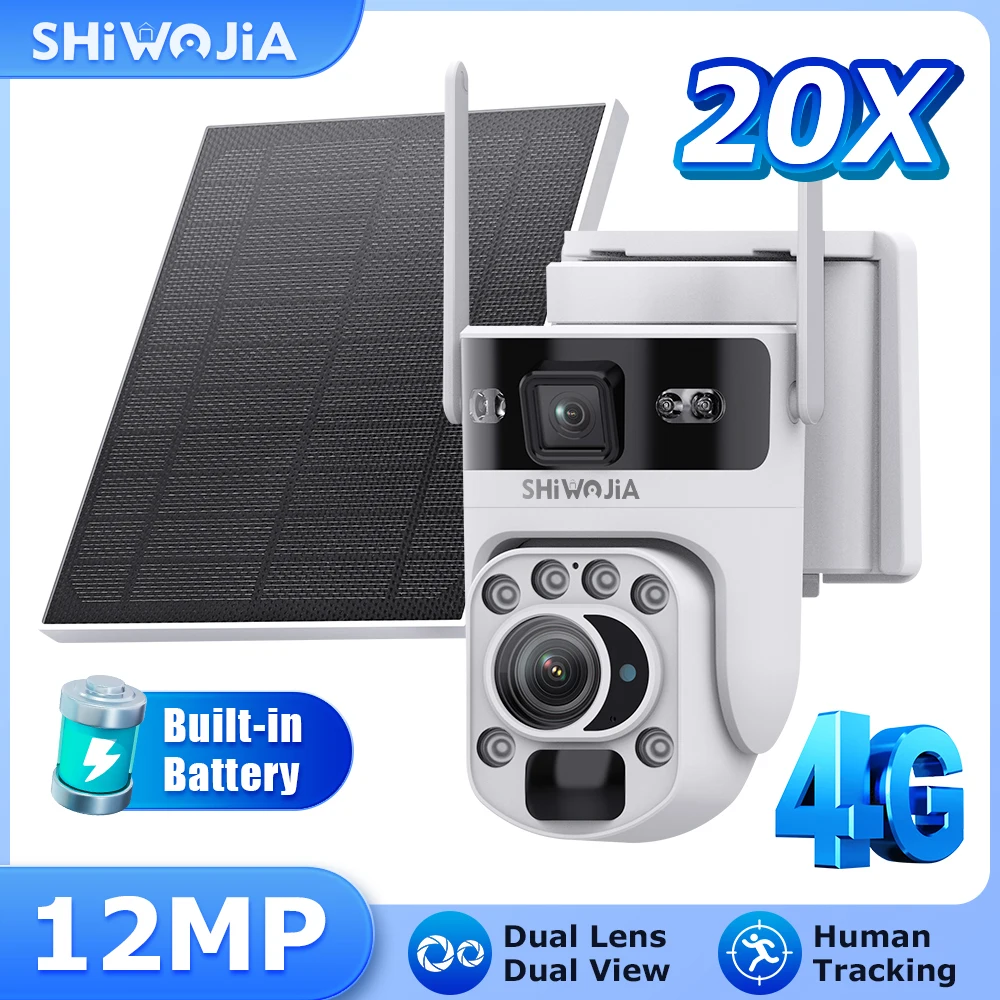 

SHIWOJIA 12MP 4G Solar Camera 20X Wireless WiFi Camera 360° PTZ Colour Night Vision PIR Motion Detection 2 Way Talk IP66