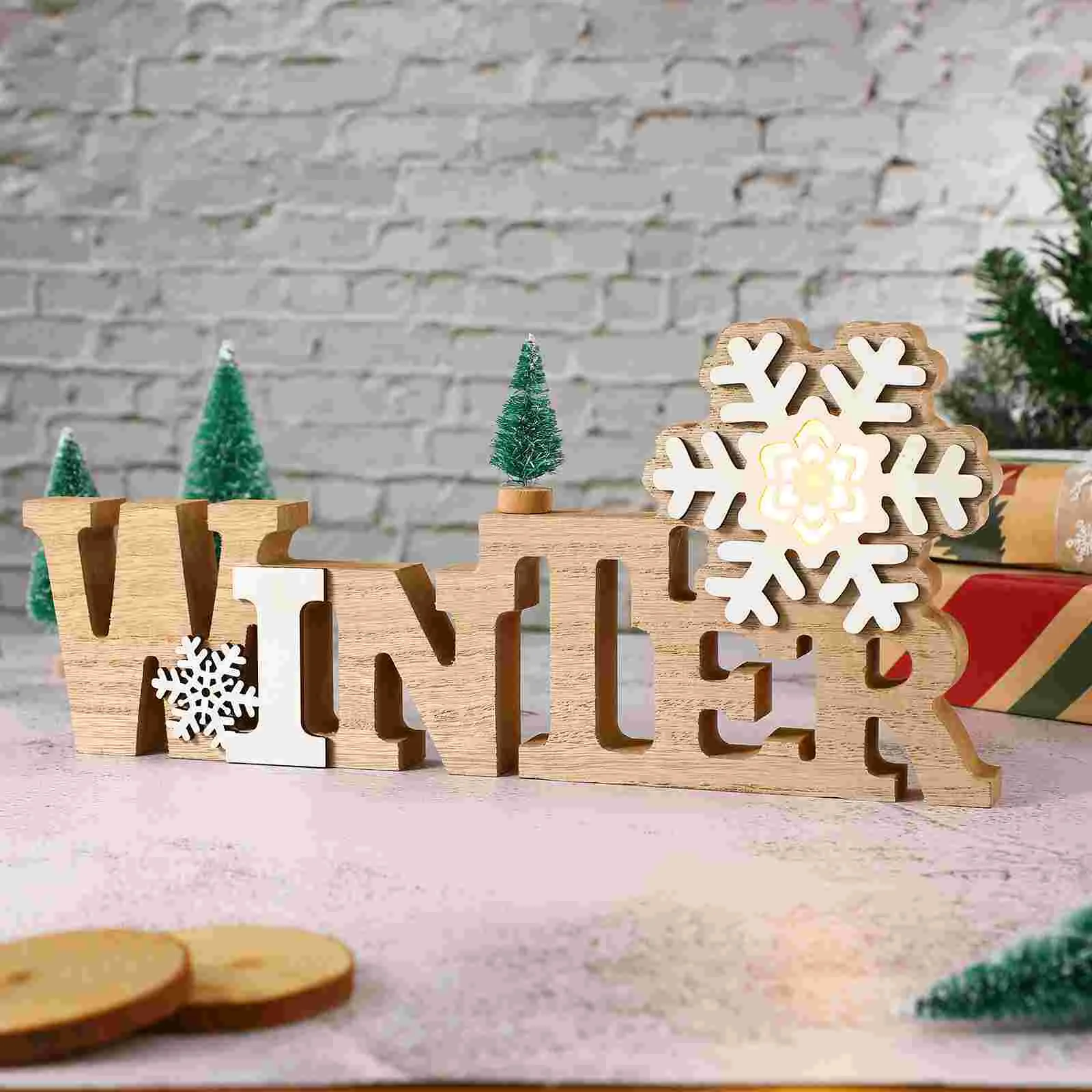 Wooden Christmas Table Sign Sturdy Non Fading nament LED Light Snowflake Decor Festive Holiday Party Home Office Xmas Winter