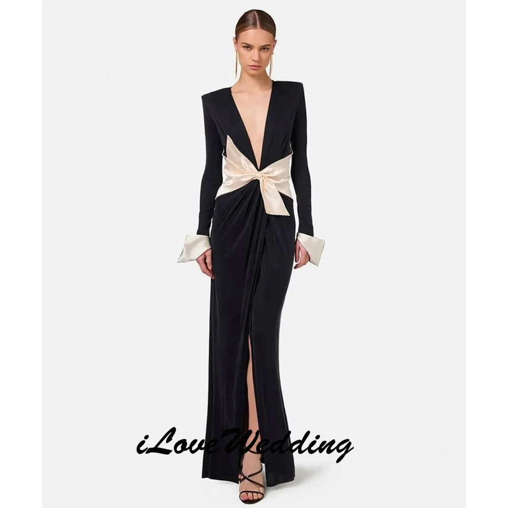 

Customized Simple Sexy High Quality Pleat Bow Straight V-neck Long Dresses Bespoke Occasion Dresses Modern Style Sizes Available