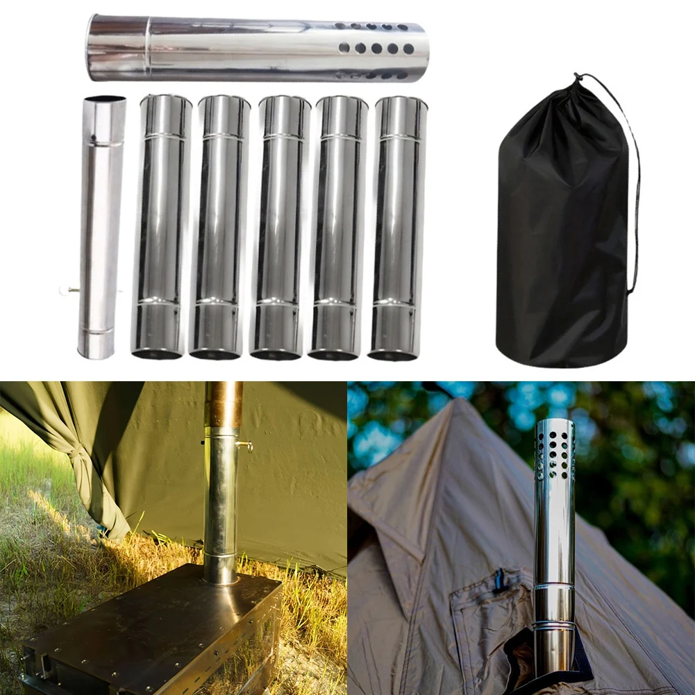 Camping Stove Chimney Pipe Set with 7 Pipes and Spark Arrestor Compatible with 6cm Wood Stove Openings for Tent and Outdoor Use