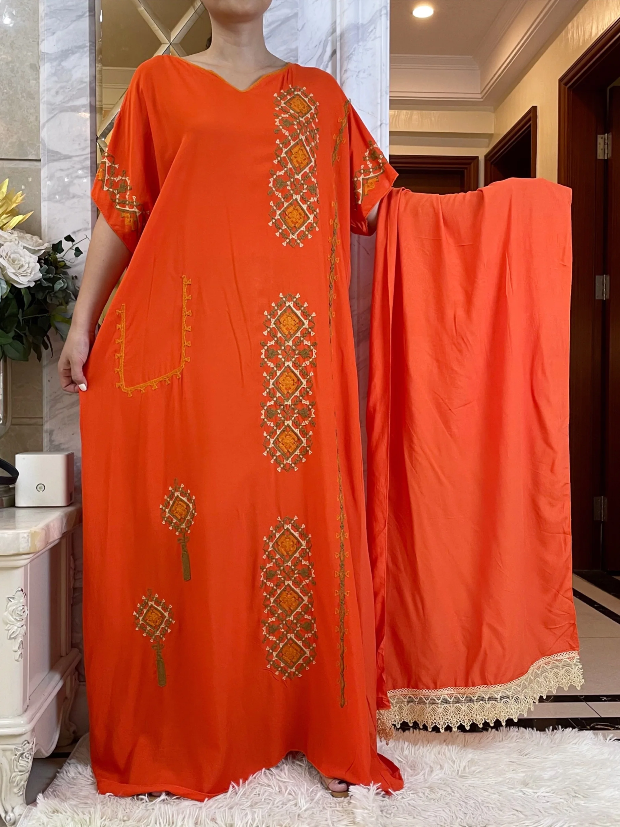 Latest Summer African Lady Dress With Big Lace Scarf   Cotton Embroider Loose Floral Boubou Maxi Islam Women Short Sleeve Abaya