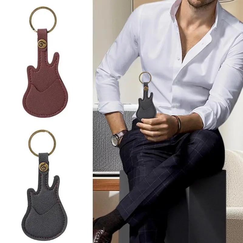 Guitar Pick Case Plectrum Pouch With Ring PU Leather Guitar Shape Key Holder Musical Instrument Accessory For Musical Lovers