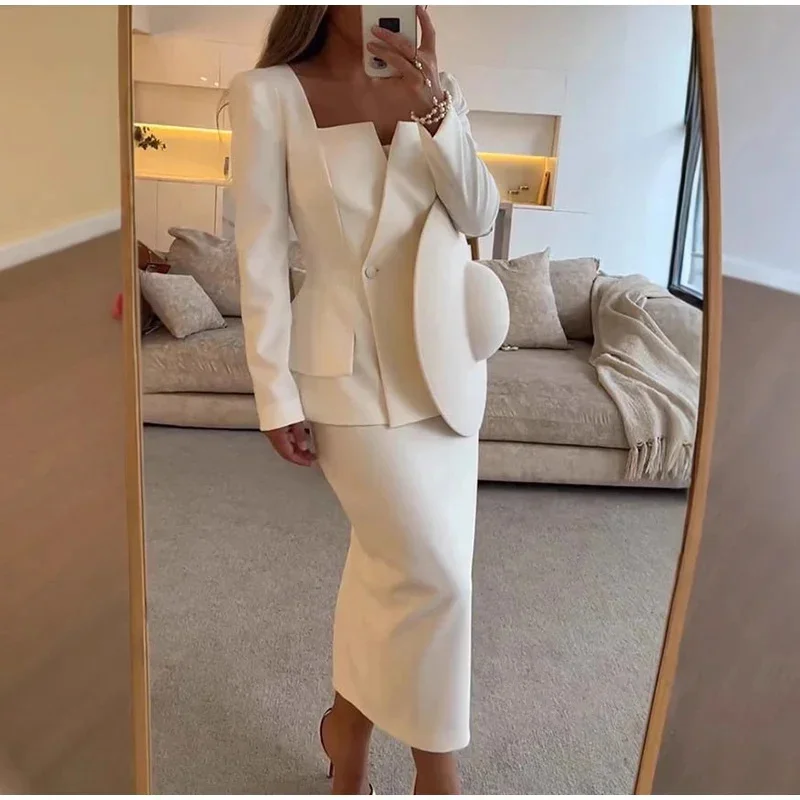 Elegant Blazer Coat Skirt 2 Piece Set Woman Square Collar Double Breasted Long Sleeve Hip Package Fashion Lady Skirt New Outfits