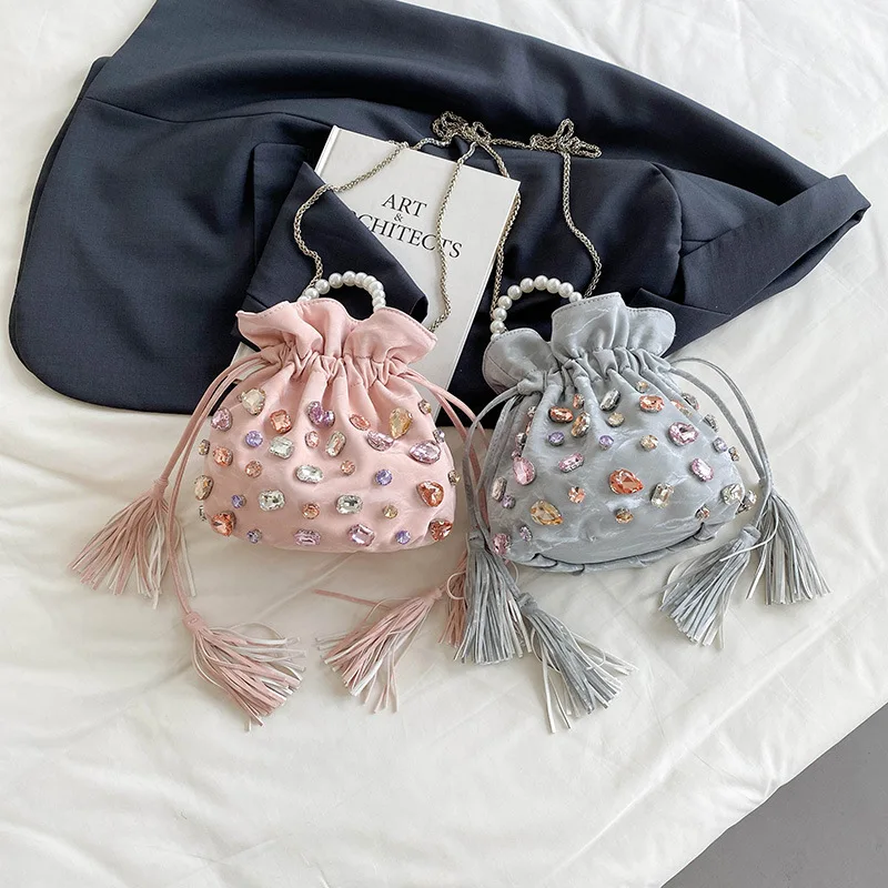 Luxury Velvet Evening Bags for Women 2026 Rhinestone Drawstring Handbag Pearl Handle Chain Crossbody Bag Gem Tassel Shoulder Bag