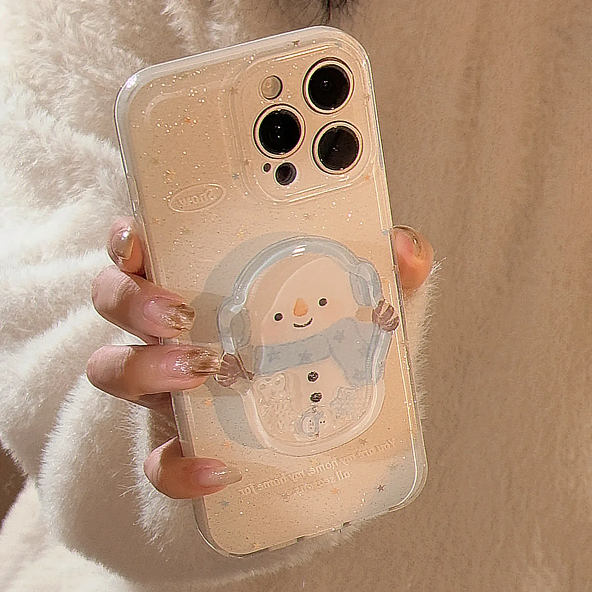 Cute Scarf Snowman Glitter With Holder Cover Case for iPhone 16 15 14 13 12 11 Pro Max Plus Shockproof Protective Phone Case