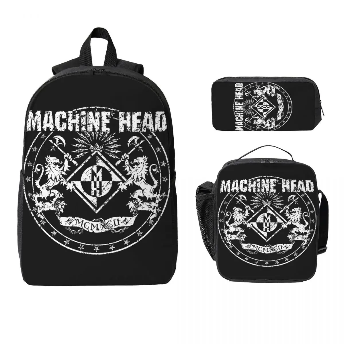 

Металлический рюкзак с логотипом Machine Head 04, сумка для книг для мальчиков и девочек, школьная сумка, сумки на плечо для ноутбука, 3 шт., изолированная сумка для обеда, пенал