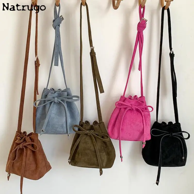 Pink Personality Frosted Leather Bucket Bag Handbag Sweet And Versatile Shoulder Slung Bag Cute Bowtie Lady\'s Crossbody Bag 2023