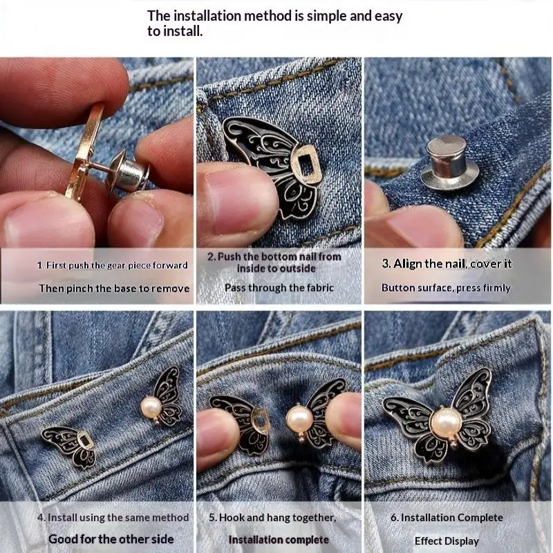 Schmetterlings-Jeansknopf, verstellbare Clips, Taillenverengung, Schnallenversteller für Hosen und Röcke, einziehbarer Knopfstift – Detail 7