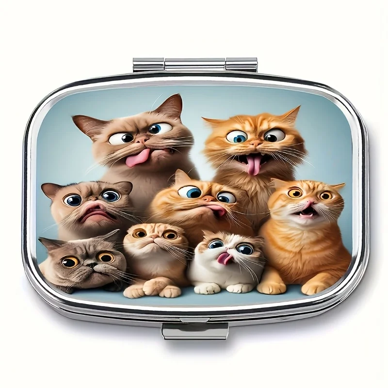 A fun cat-patterned square pill box with a 2-compartment design, a portable metal pill box suitable for putting in a pocket or handbag, ideal for travel and daily use, a unique gift choice