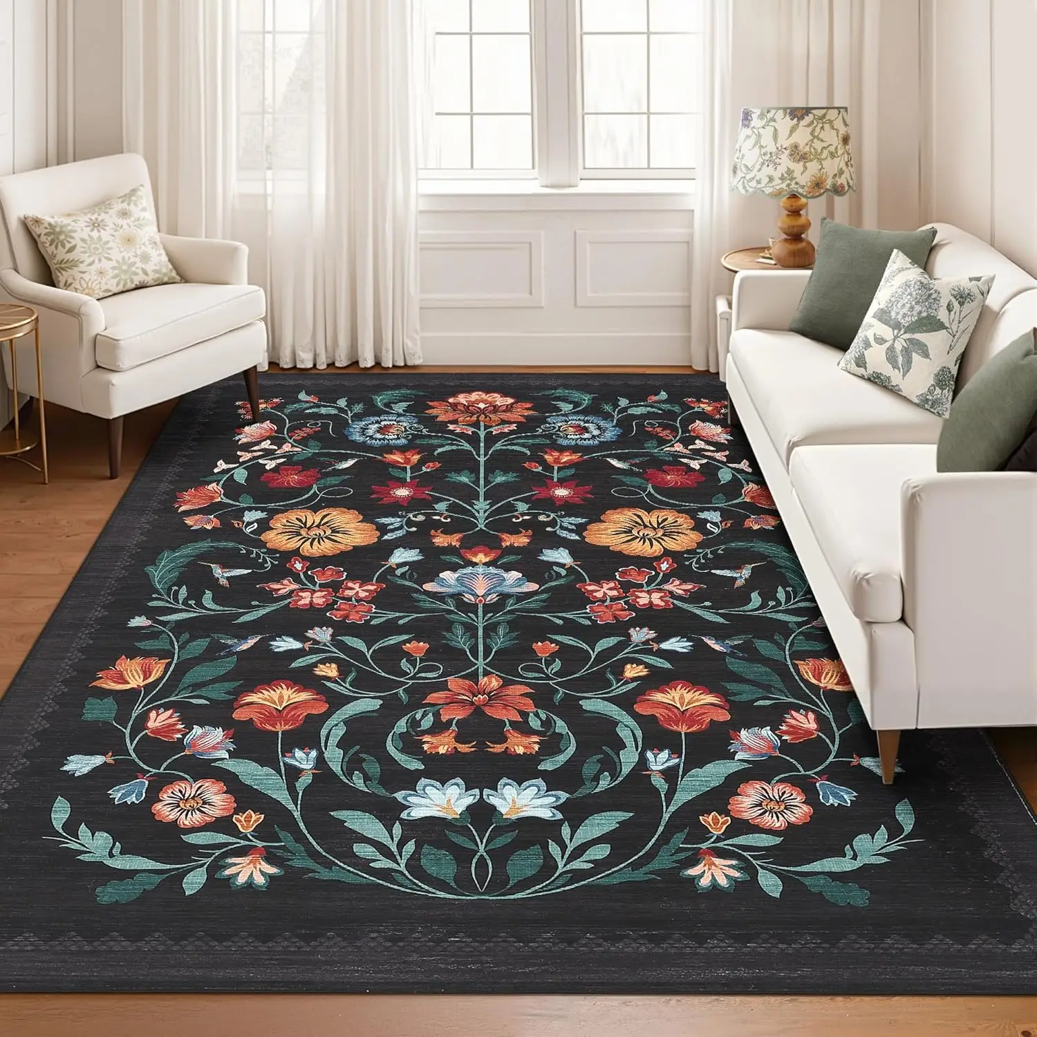 Floral Rug for Bedroom, Soft Vintage Non Slip Throw Rugs with Rubber Back,Low Pile Stain Resistant Boho Floral Carpet for Dining