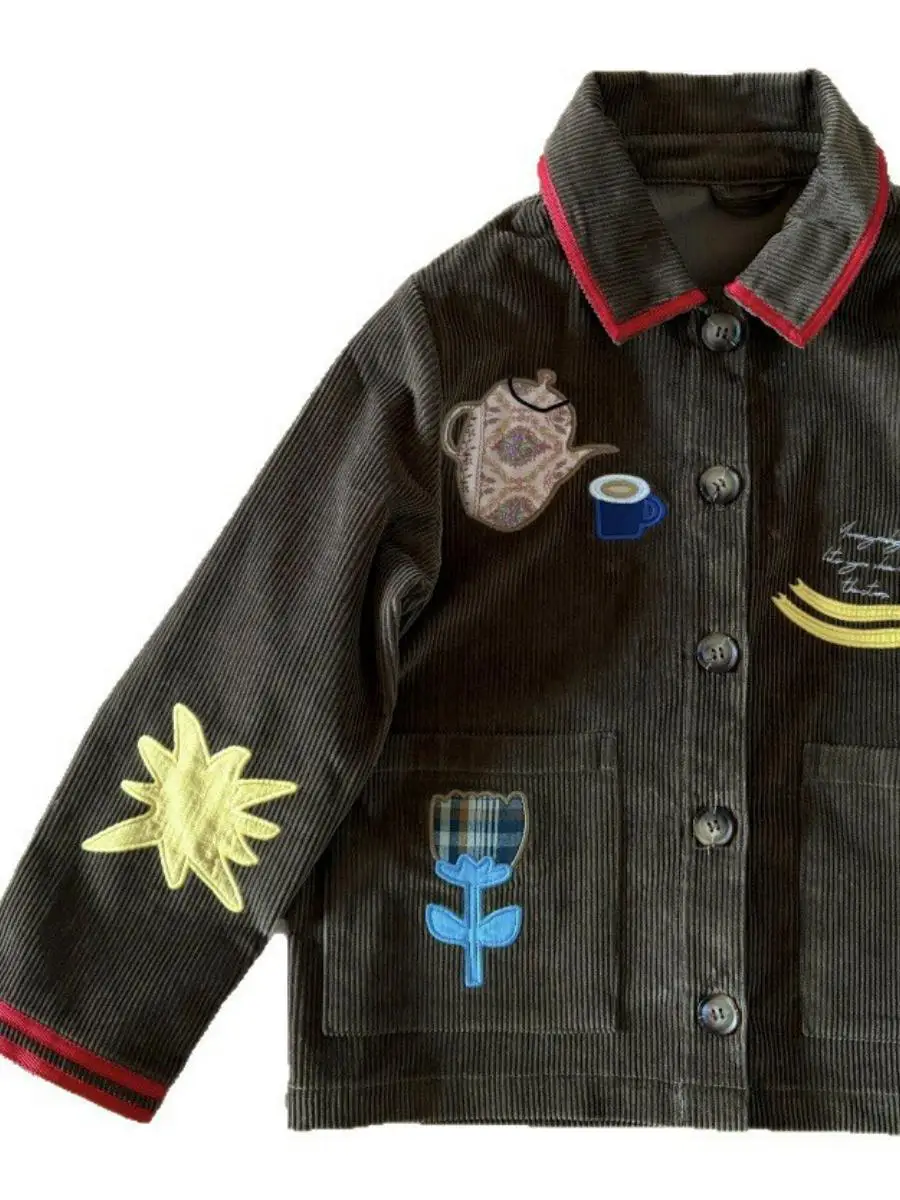 Abrigo ortopé con cuello levantado de pana bordada para niña, ropa de abrigo de moda coreana para niña, primavera y otoño