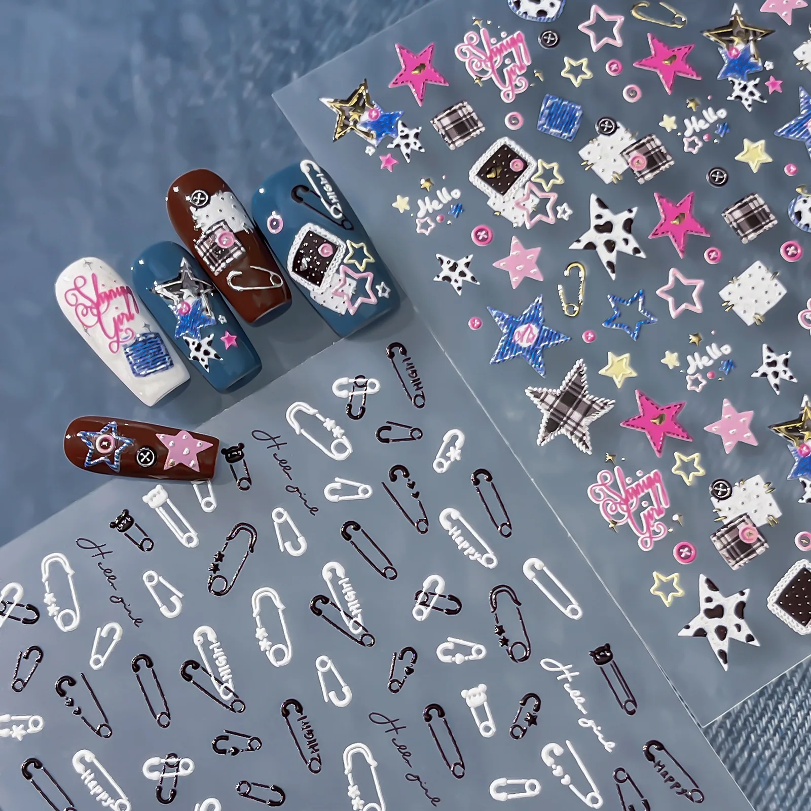 5D Embossed Cute Colorful Safety Pin Nail Art Stickers Y2K Cool Plaid Star Checkered Decals Punk DIY Manicure Accessories