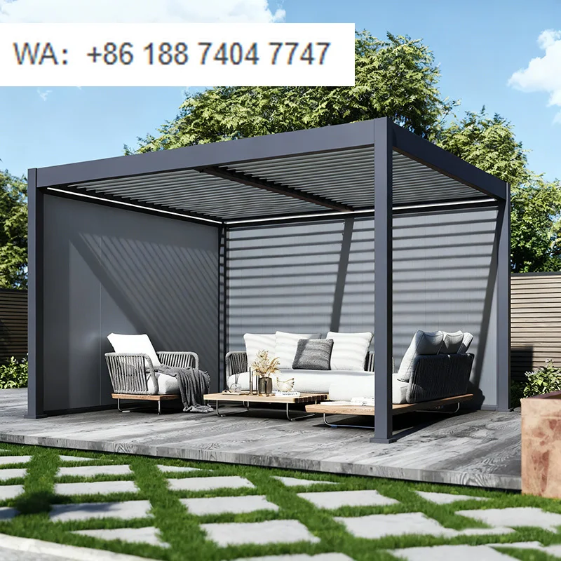 Customized Modern Louvered Retractable Roof Aluminum Pergola with Electric LED Powder Coated Finish for Balcony