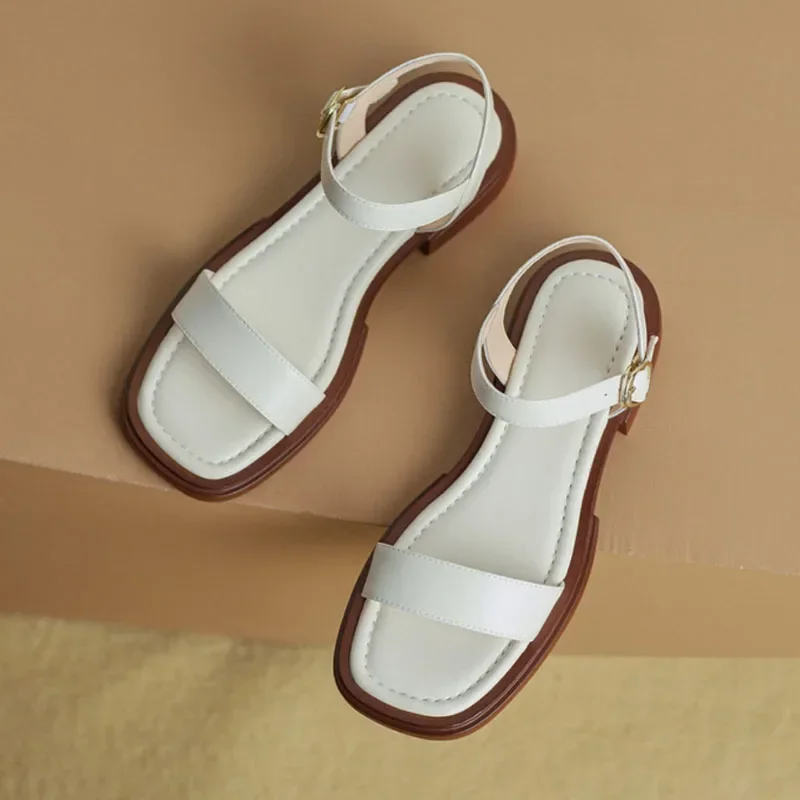 Summer Women\'s Sandals Luxury Leather Sandals Fashion Square Toe Open Toe Strap Sandals Comfortable Block Heel Platform Sandalen