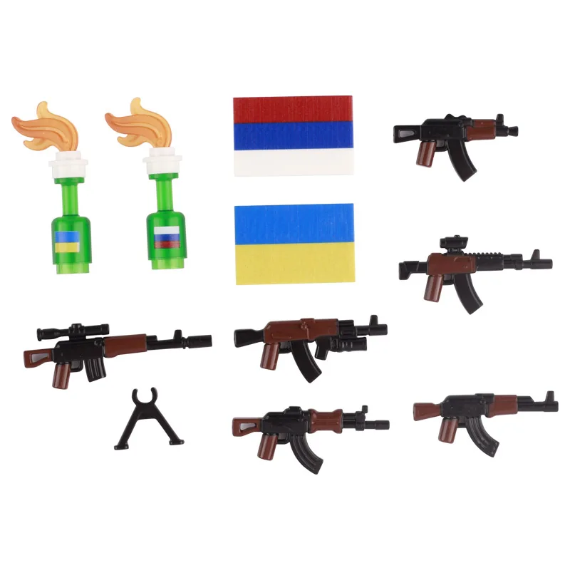 MOC Military Russia Soldier Figures Weapon Parts Building Block Ukraine Mini Flag Print Bricks 95228 Miniature Glass Bottle Toys