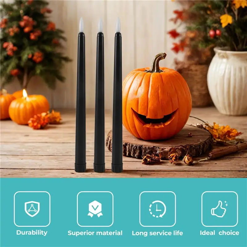 B50C Pack Of 6 Remote Halloween Taper Candles,Black Color Flameless Fake Pillar Candles,Battery Candles With Contain