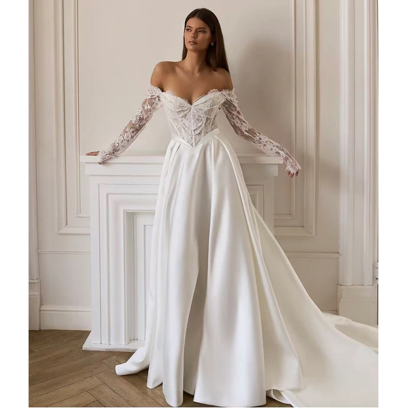 

Glitter Wedding Dress Organza With Beading Ball Gown A-Line Full Sleeve V-Neck Customized Bride Dress Lace Up Vestido De Novia