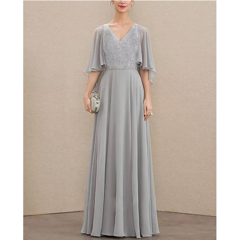 

Mother of The Bride Dresses for Wedding with Sleeves Elegant Prom Dress V Neck Floor Length Formal Evening Wedding Guest Dresses