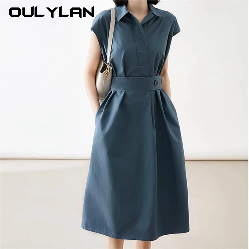 Office Ladies Temperament Solid Dresses 2024 Summer Turn Down Collar High Waist Sashes Dresses Women Vestidos