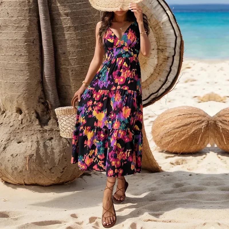 Conciso الصيف النساء أزياء الأزهار طباعة التخسيس الخصر الخامس الرقبة عارية الذراعين مثير بوهو ألف خط عطلة منتصف طول مزاجه اللباس