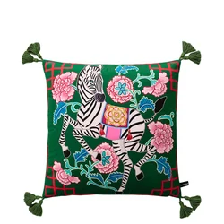 Chinoiserie Zebra With Asian Peonies Cushion Cover Luxury Mystical Animals Decorative Pillowcase With Tassels Cute Soft Velvet