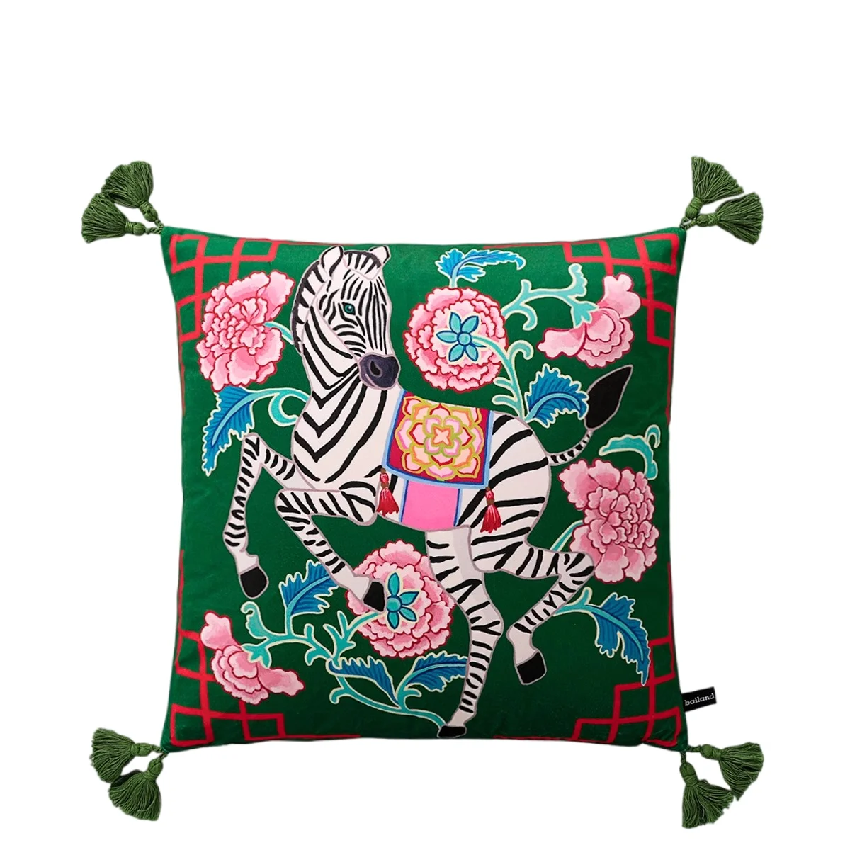 Poszewka na poduszkę Chinoiserie Zebra z azjatyckimi piwoniami, luksusowa, mistyczna, dekoracyjna poszewka na poduszkę ze zwierzętami, z frędzlami, urocza, miękka, aksamitna.