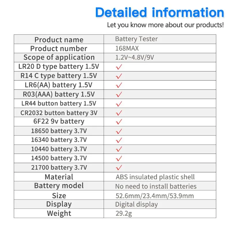 168Max Battery Tester Digital Lithium Battery Tester Suitable for AA AAA Button Battery Universal Battery Checker