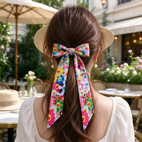 1Pcs Multiway Long Skinny Silk Scarf, Sunflower Print Ribbon, Bag Charm Hair Bow Belt, Multi-purpose Decorative Scarf for Handbag Hair Accessory