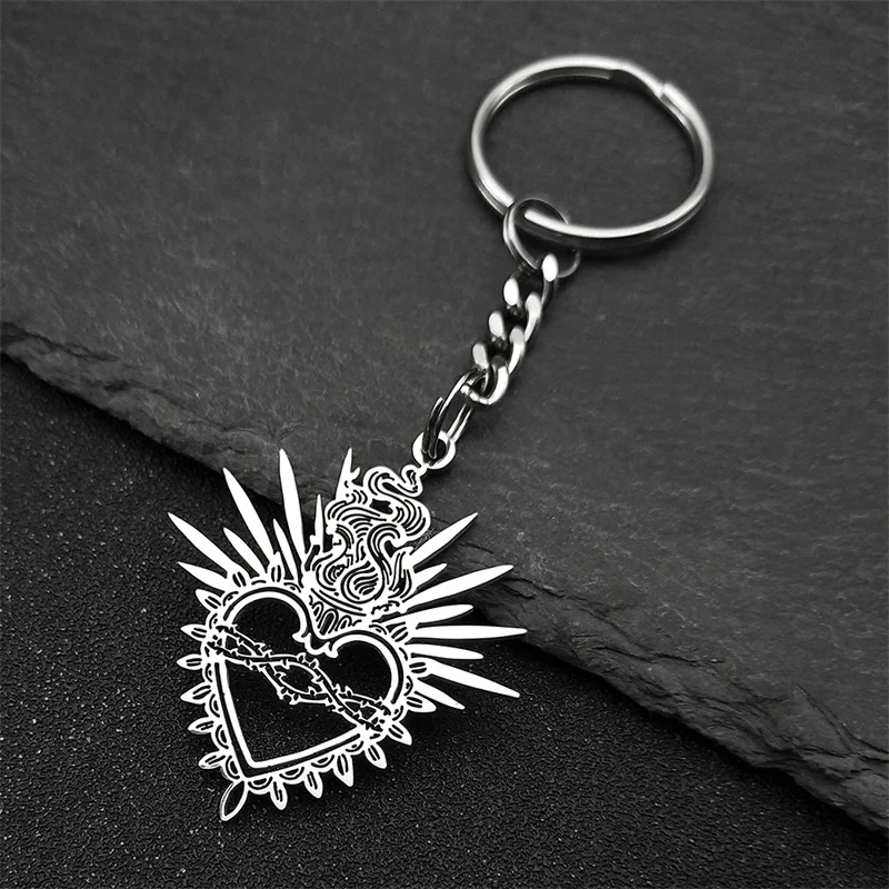Flaming Sacred Heart Charms Dornen Heiliges Herz Schlüsselanhänger für Frauen Männer Edelstahl Schwarz Glaube Hohl Schlüsselanhänger Schmuck – Detail 7