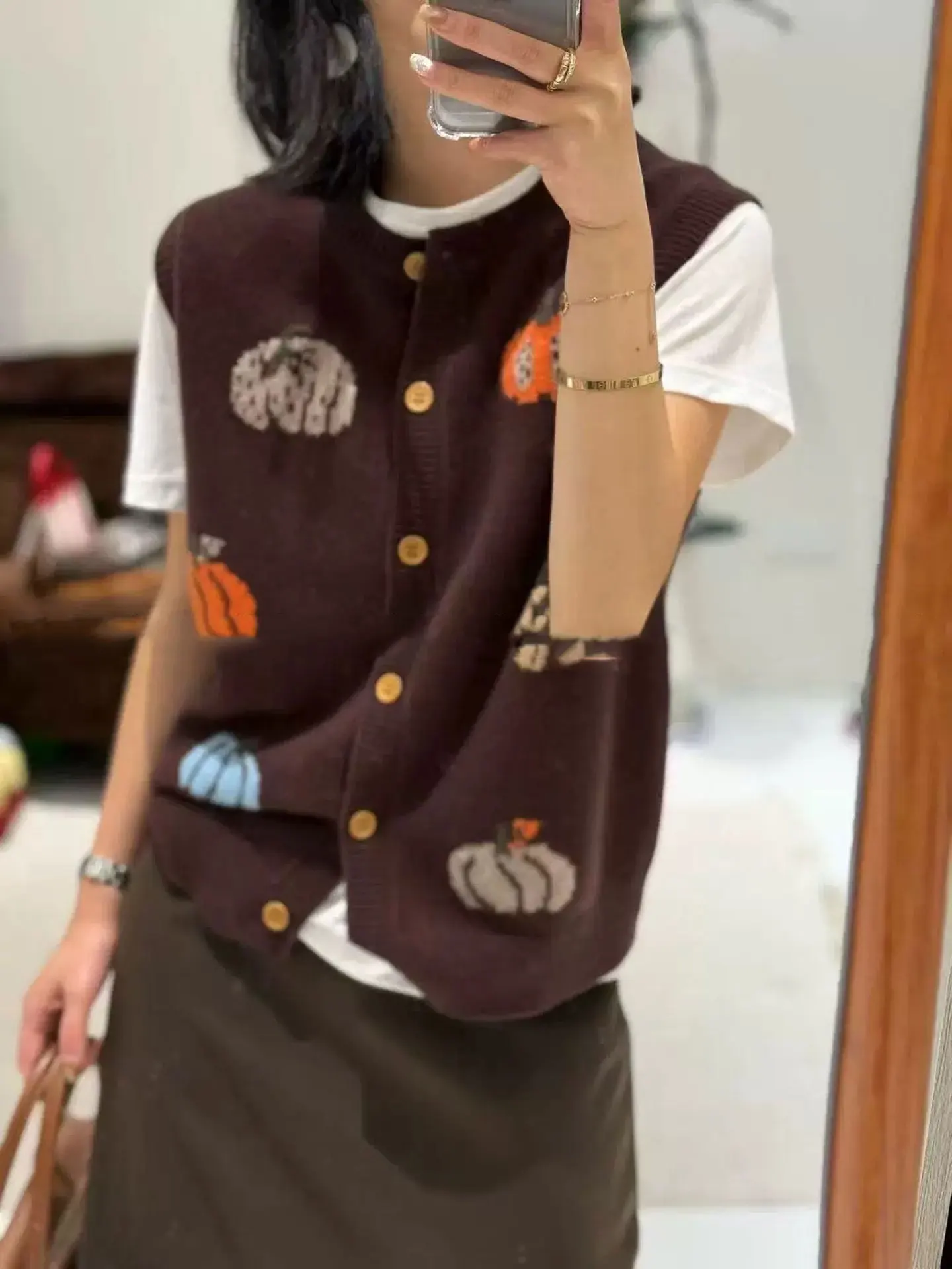 Outono abóbora jacquard cardigan colete feminino suéter de caxemira pura colete de malha de alta qualidade.