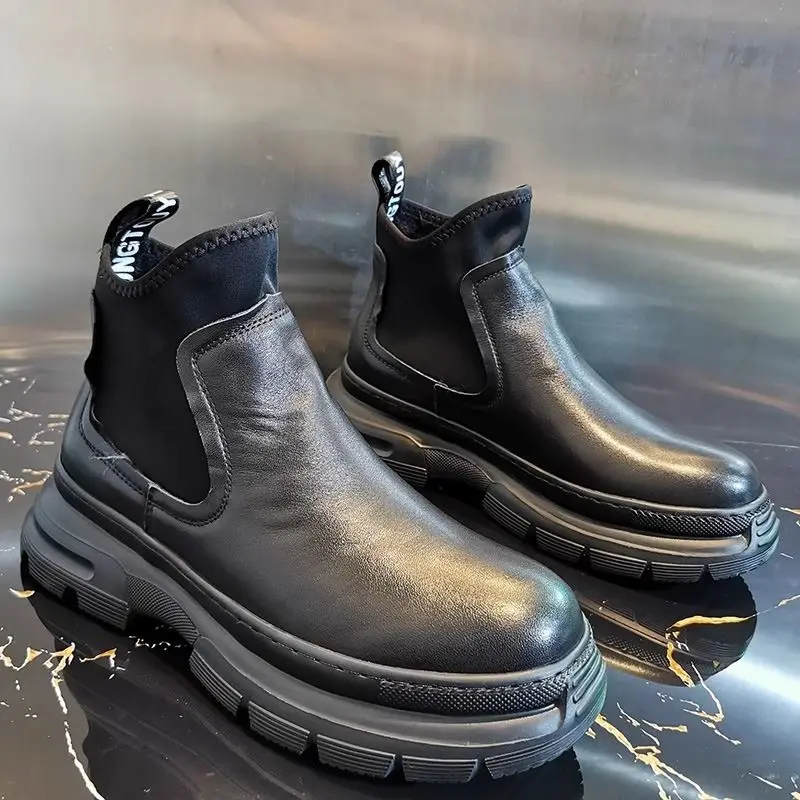 

2025 Leather soft-soled men's British style thick-soled heightening Chelsea one-pedal high-top casual shoes