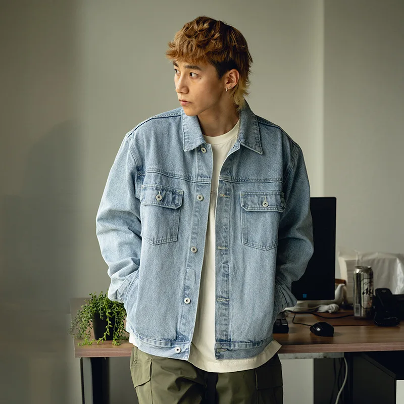 

Japanese Sle Handmade Ripped Spray aw Denim Jaet Workwear Double ket Straight Hem Cotton Long Sve Youth Faion