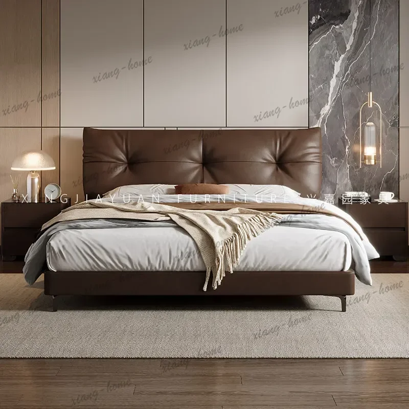 FG Italian Minimalist Leather Bed Modern Luxury Double Bed with Tufted Headboard for Master Bedroom & Wedding interior furniture