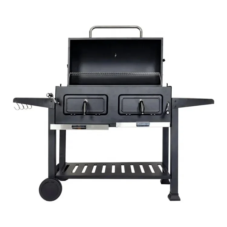 Multi-functional Outdoor BBQ Charcoal Grill Large Tolerable BBQ Stove Backyard Trolley Smoker With Collapsible Bi-side Tables