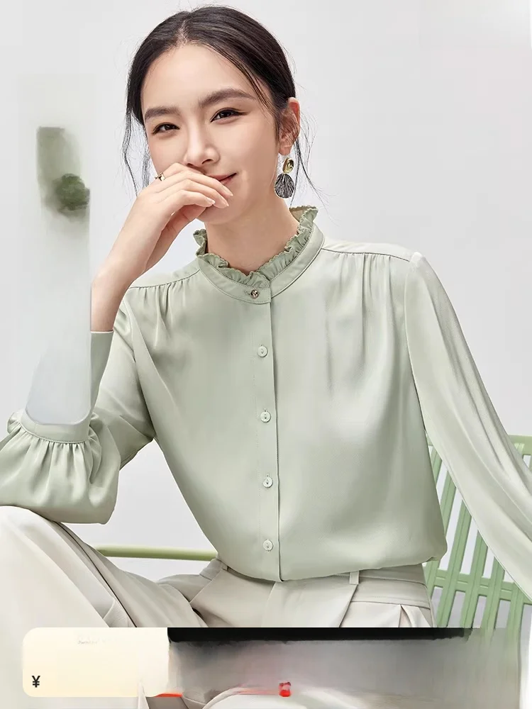 

Шелковая блузка Antung с длинным рукавом, белая, женская, для ранней весны, новый дизайн, уникальный воротник с вырезами, французский стиль, свободный крой, полиэстер