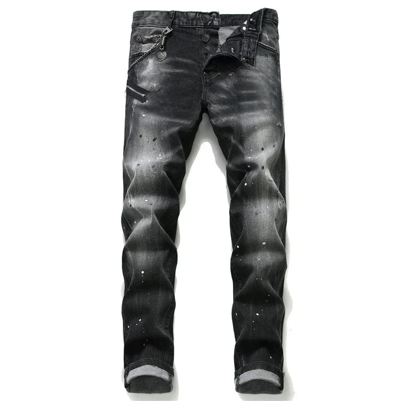 Ltalian High Street Style Denim Pants Men Black Ripped Denim Jeans Holes Jeans High Quality Male Slim Fit Denim Trousers Size 38