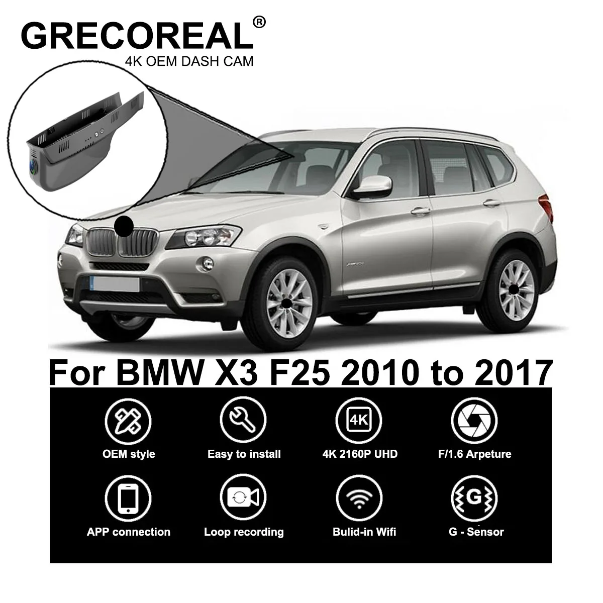 

GRECOREAL 4K Dash Cam Front and Rear 2160P WiFi Car Dual Dashcam APP Control Easy Install Plug Play Compatible with BMW X3 F25