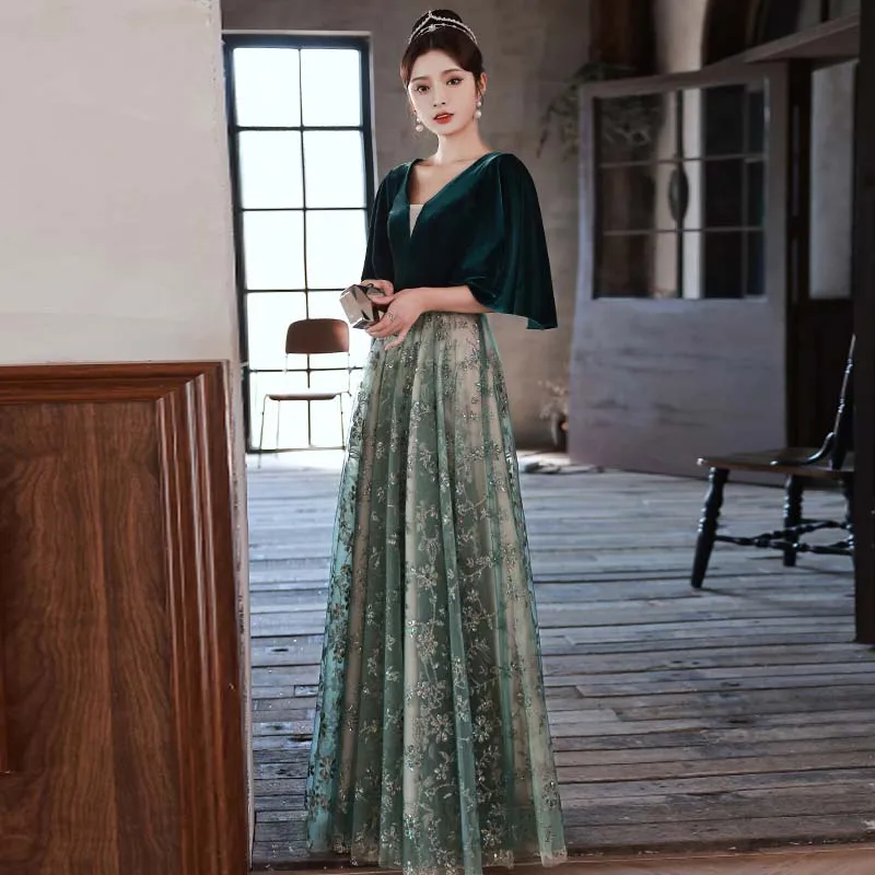 

Sequins Appliques A-Line Evening Dress Elegant Empire Half Sleeves Floor-Length V-Neck Plus Size Women Formal Party Gown C1659