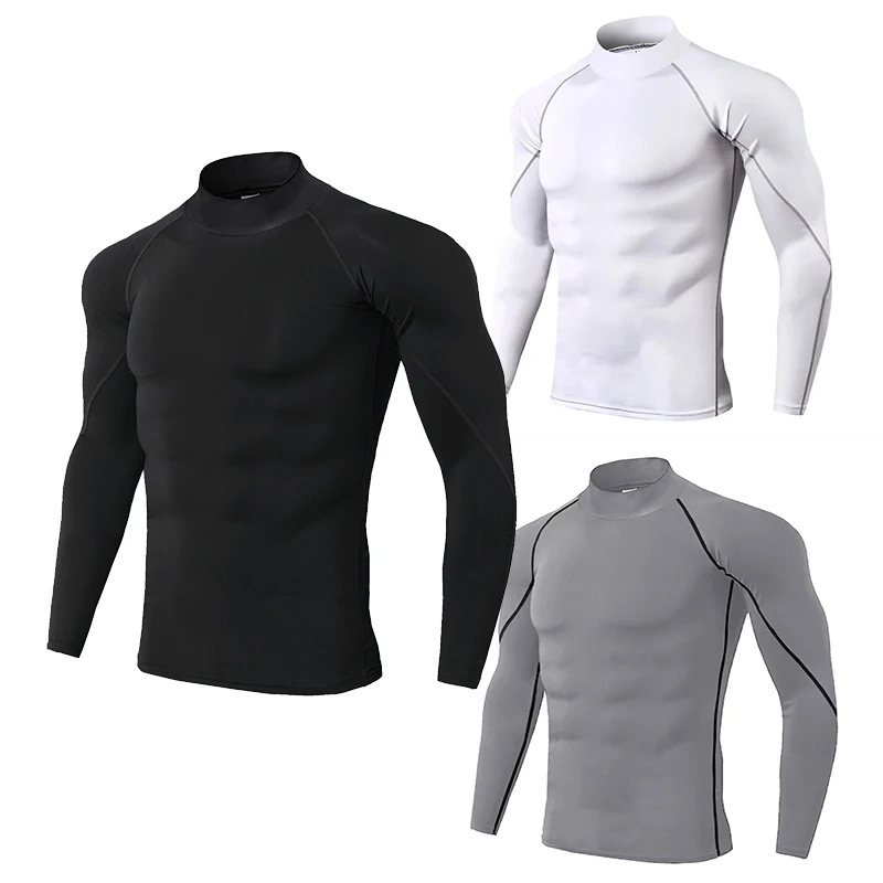 3 Colors Men High Neck Long Sleeve T-shirt Compression Shirts Cool Dry Sun Protection Sports Tights Undershirts Running Gym Tops