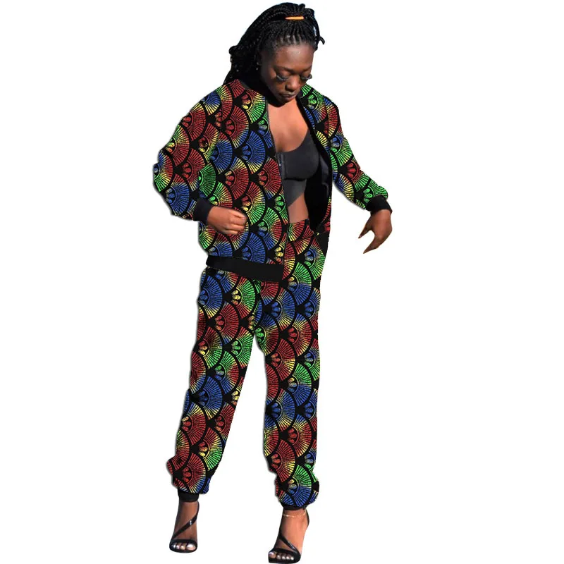 African Print Leaf Pattern Two Piece Set Tailored Women's Casual Tracksuit Zipper Jacket And Pants Female Ankara Outfit