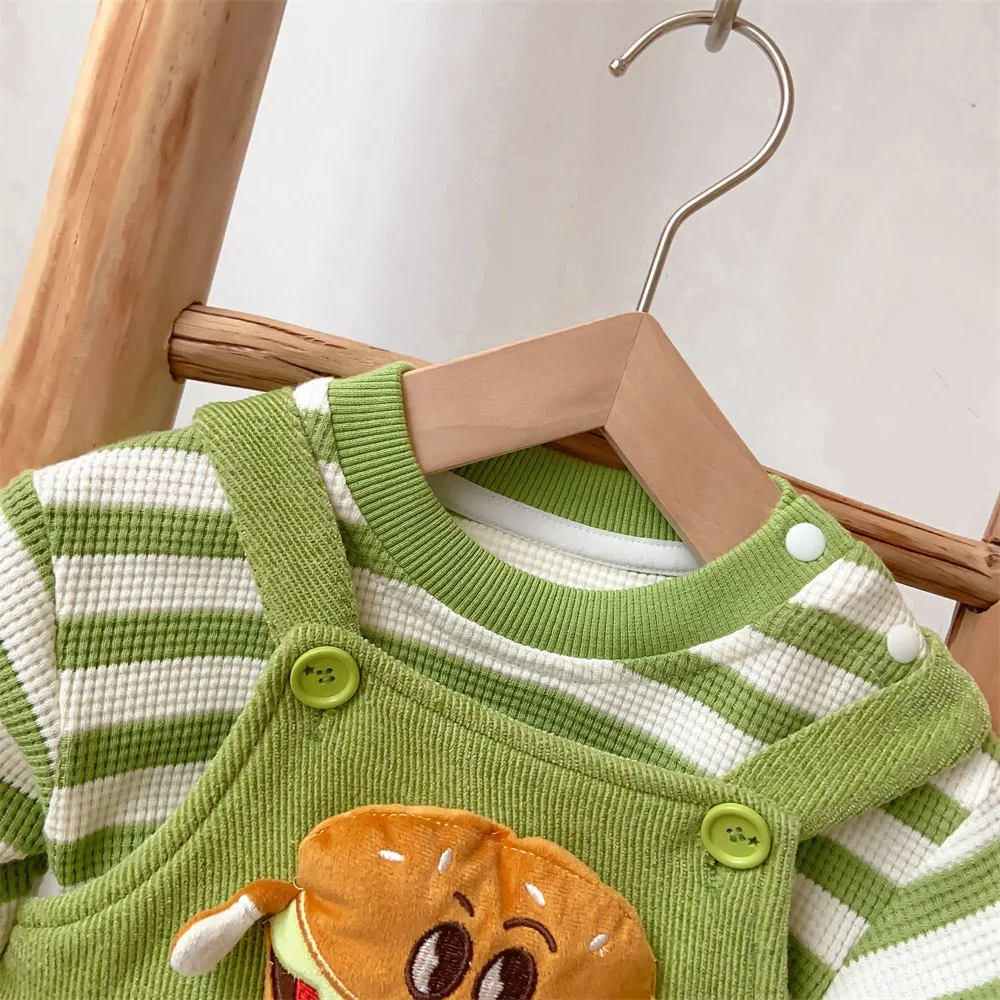 New Fall 2023: Baby Boy Long Sleeve Striped Waffle Top Sweatshirt+ 3D Cartoon Burger Suspender Pants Set, Children 2pcs Outfit