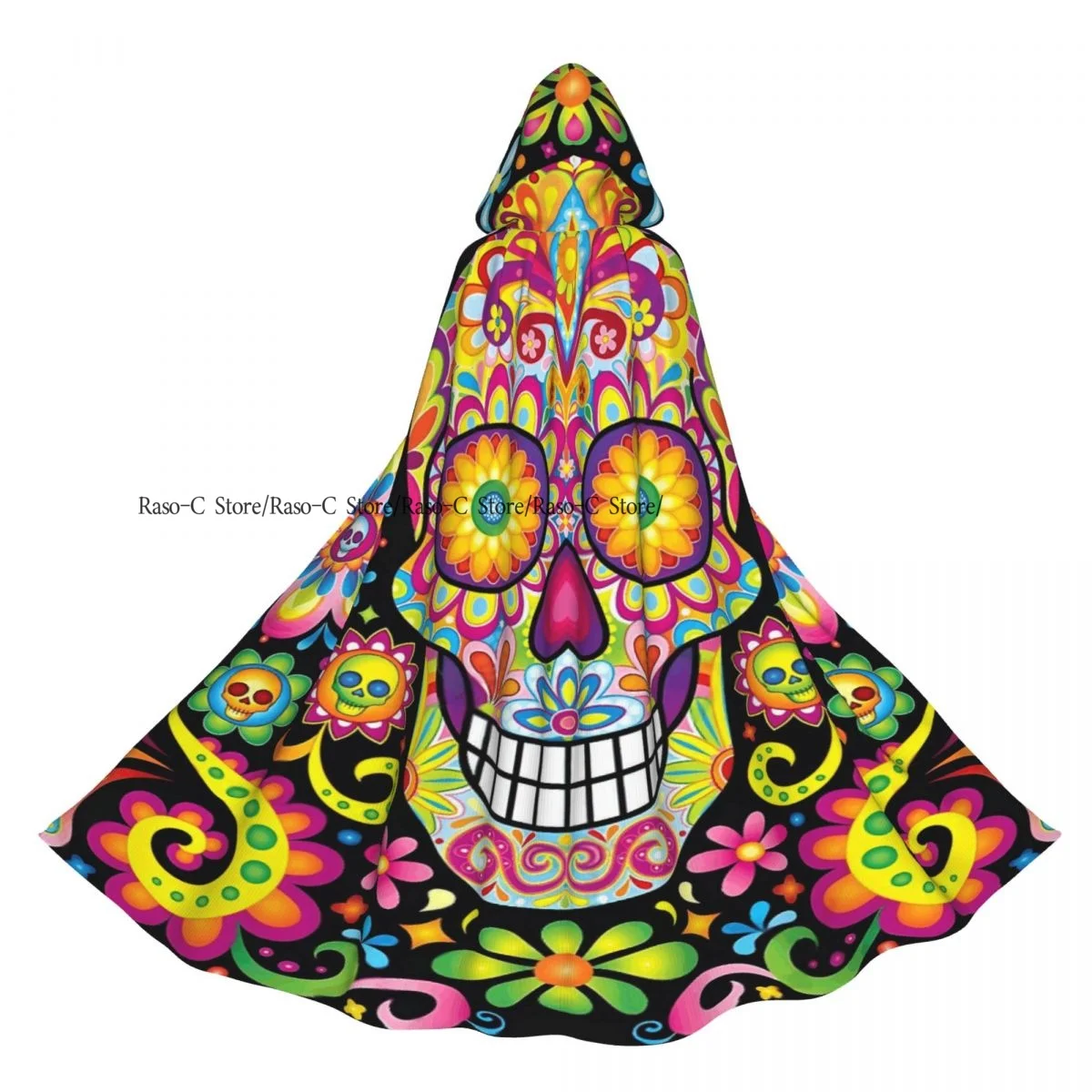عباءة يوم الموتى على شكل جمجمة السكر المكسيكية للبالغين من الجنسين مع غطاء رأس طويل للساحرة #4