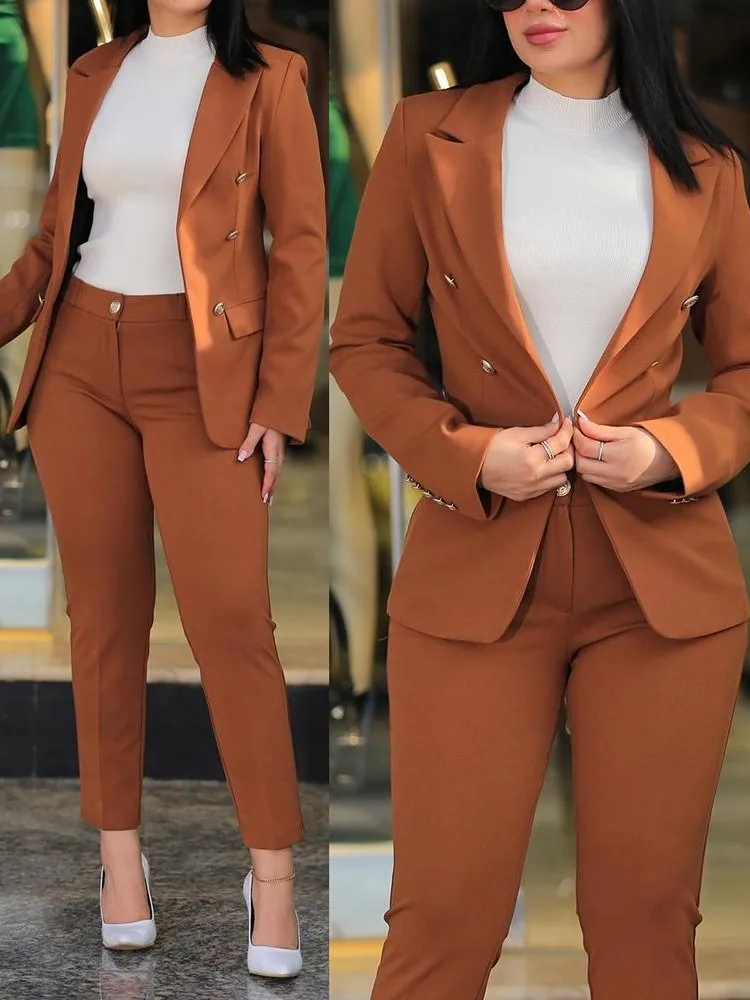 Elegant Office Lady Two Piece Sets 2024 Autumn Winter Women Fashion Notched Neck Long Sleeve Blazer & High Waist Work Pants Suit