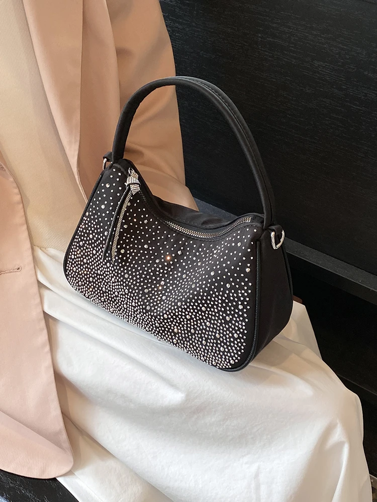 High-end Textured Rhinestone Crossbody Bag Women Black Fashion Nylon Commuter Handbags 2024 Lady Shoulder Bags