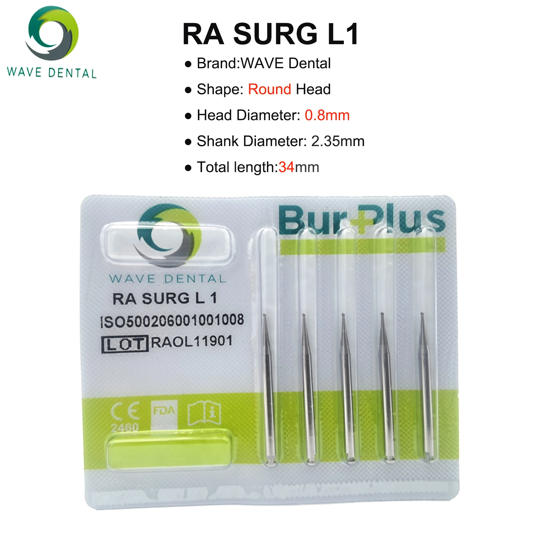 PRIMA WAVE Dental Tungsten Steel Bur Implant Burs Round Ball 34mm Surgical Drill Dental Strawberries RA SURG L1-8