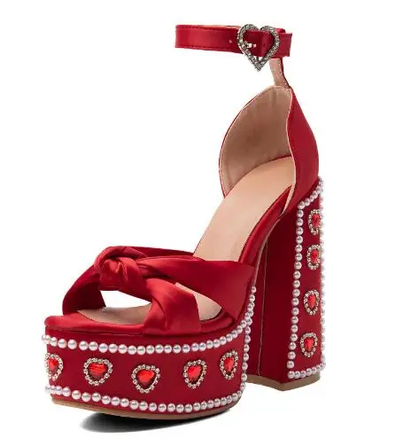 Women Red Satin Platform Block Heel Sandals Open Toe Bow Knot Ankle Strap Sandals Heart Rhinestone Pearl Chunky Heels Sandals