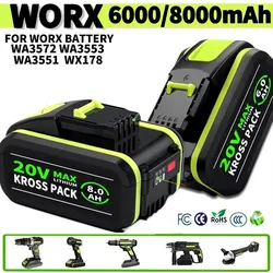 WORX 20V 대용량 리튬 이온 배터리용 8.0Ah WA3551 WA3551.1 WA3553 WA3641 WX373 WX390 충전식 배터리 도구