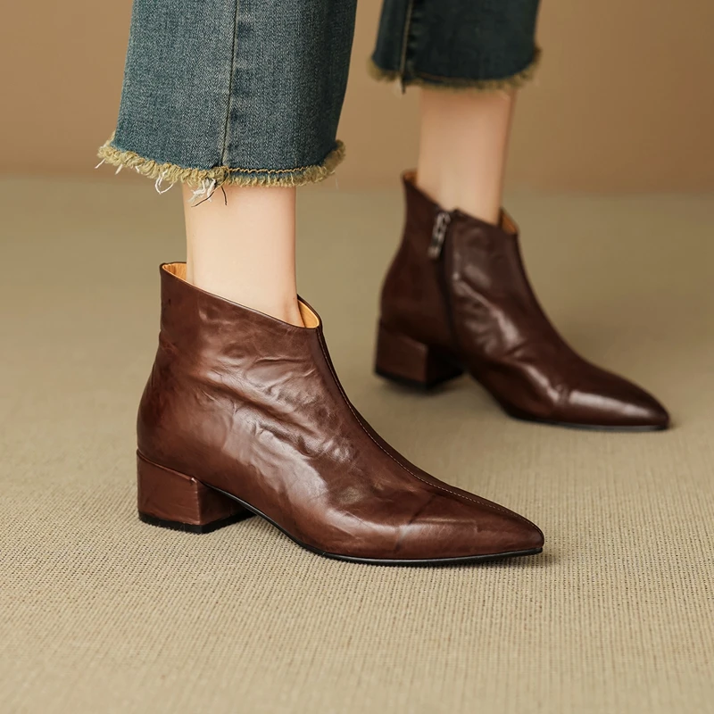 2027 New Winter Genuine Leather Women Boots Fashion Pointed Toe Chelsea Boots Chunky High Heels Women Shoes Zipper Ankle Boots